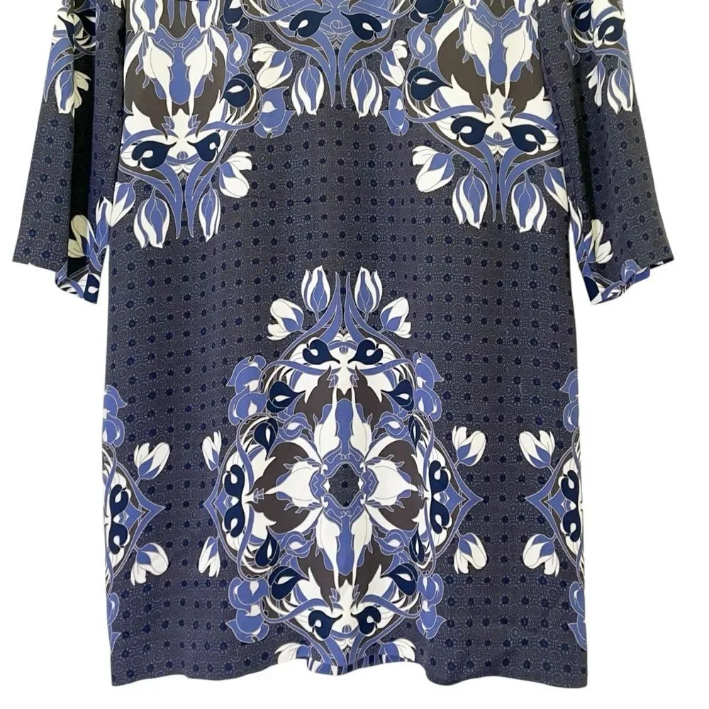Tory Burch Blue Floral Medallion Sheath Dress Size 10 Jersey Long Sleeve Stretch